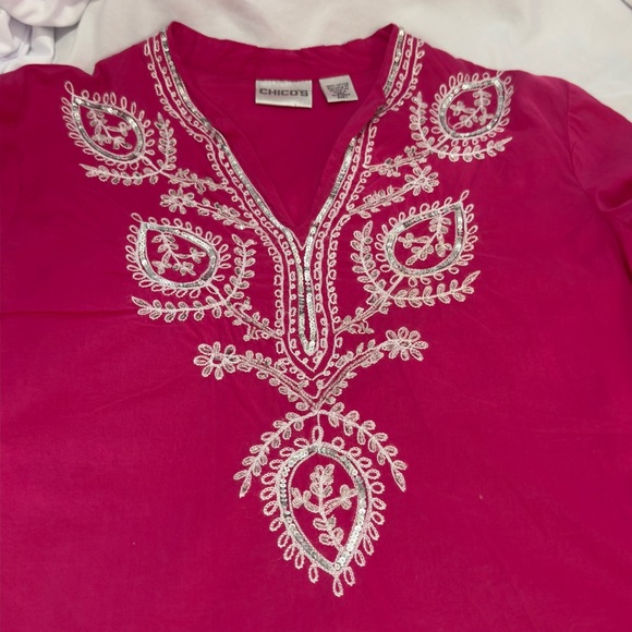Chico's Silver Embroidered Pink Tunic 100% Cotton Made in India Size 1 = 8 - Picture 10 of 11